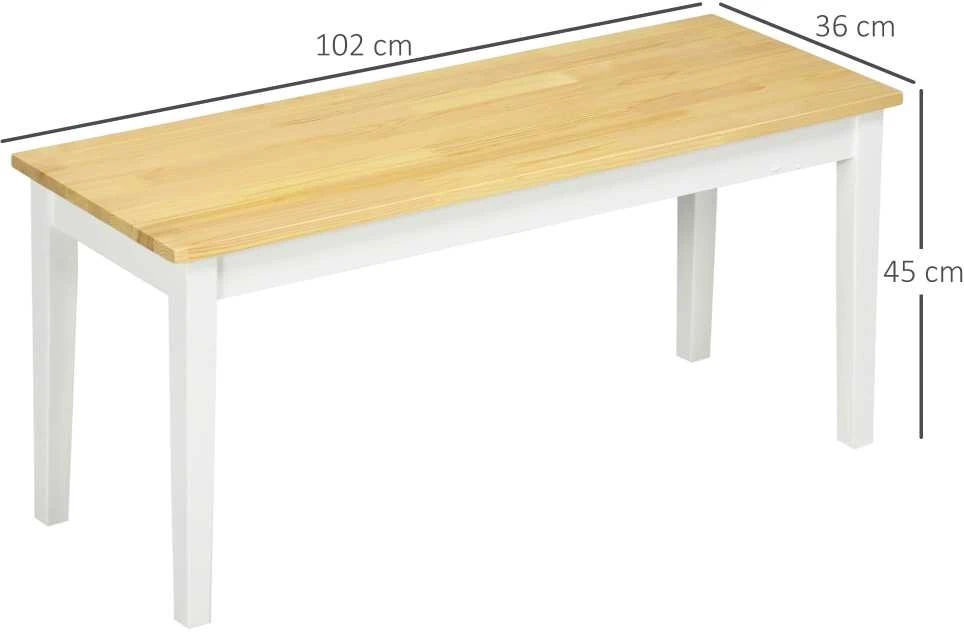 HOMCOM suoliukas, 2 vietų valgomojo suoliukas, medinis suoliukas, virtuvės suoliukas, svetainės suoliukas virtuvei, prieškambariui, išlaiko iki 220 kg, pušies mediena, baltas, 102 x 36 x 45 cm
