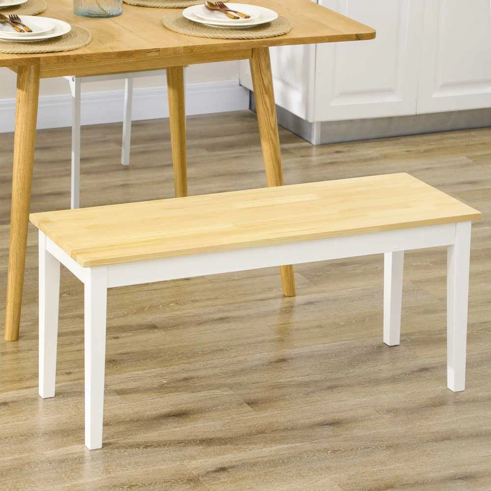 HOMCOM suoliukas, 2 vietų valgomojo suoliukas, medinis suoliukas, virtuvės suoliukas, svetainės suoliukas virtuvei, prieškambariui, išlaiko iki 220 kg, pušies mediena, baltas, 102 x 36 x 45 cm