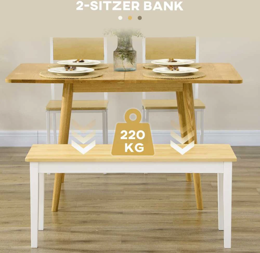 HOMCOM suoliukas, 2 vietų valgomojo suoliukas, medinis suoliukas, virtuvės suoliukas, svetainės suoliukas virtuvei, prieškambariui, išlaiko iki 220 kg, pušies mediena, baltas, 102 x 36 x 45 cm