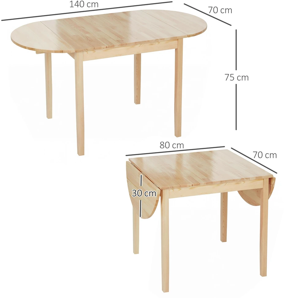 HOMCOM medinis sulankstomas valgomojo stalas, 6 vietų virtuvinis stalas su nuleidžiamais kraštais, kompaktiškas stalas mažoms erdvėms, valgomajam, virtuvei, 140 x 70 x 75 cm, natūralaus medžio spalvos
