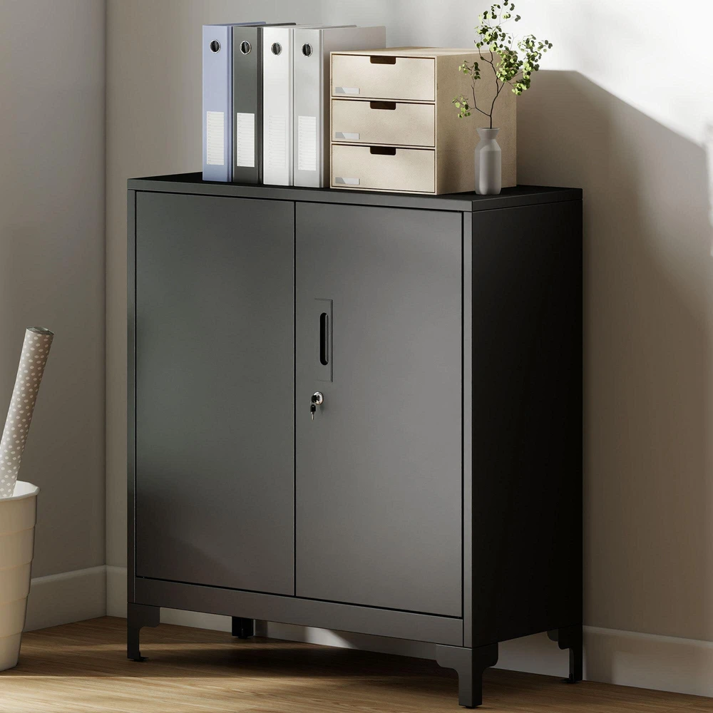 HOMCOM metalinė biuro spintelė, rakinamos durys, biuro komoda, 2 pakopų dizainas, juoda