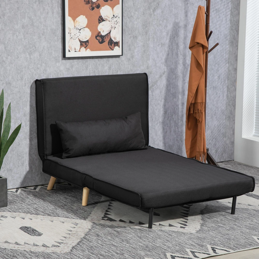 HOMCOM miegamasis fotelis, 2 viename išskleidžiama sofa su lovos funkcija, dekoratyvinė pagalvėlė, sulankstomas fotelis su reguliuojamu atlošu, lino išvaizda, poilsio fotelis iki 350 kg svetainei, juodas | Aosom