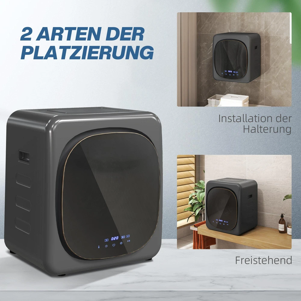 HOMCOM mini drabužių džiovyklė su 6 programomis, LED jutikliniu ekranu, 4kg talpa, iki 60℃, 800 W, pastatoma arba montuojama ant sienos, ventiliuojama, su apsauga nuo perkaitimo, pilka