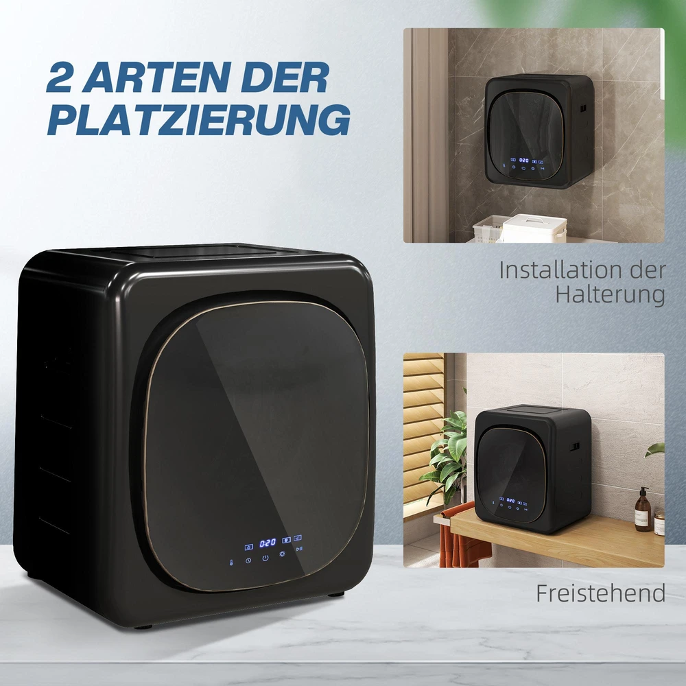 HOMCOM mini drabužių džiovyklė su 6 programomis, LED jutikliniu ekranu, 4kg talpa, iki 60 ℃, 800 W, laisvai pastatoma, montuojama ant sienos, ištraukiamoji džiovyklė su apsauga nuo perkaitimo, drabužių džiovyklė, juoda
