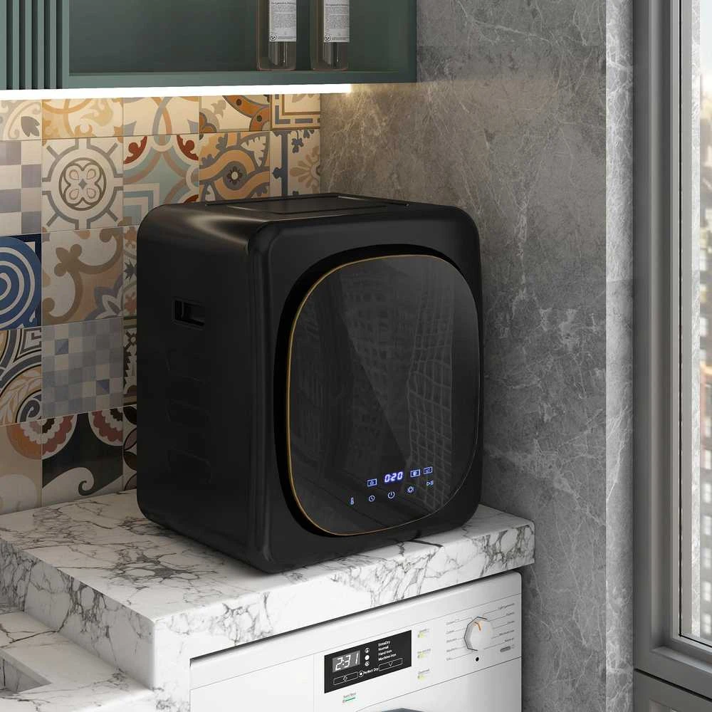 HOMCOM mini drabužių džiovyklė su 6 programomis, LED jutikliniu ekranu, 4kg talpa, iki 60 ℃, 800 W, laisvai pastatoma, montuojama ant sienos, ištraukiamoji džiovyklė su apsauga nuo perkaitimo, drabužių džiovyklė, juoda