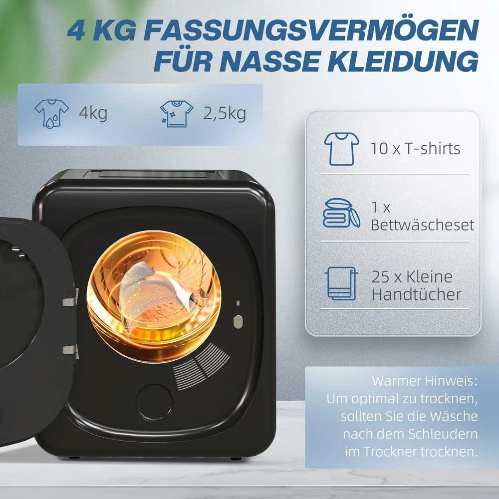 HOMCOM mini drabužių džiovyklė su 6 programomis, LED jutikliniu ekranu, 4kg talpa, iki 60 ℃, 800 W, laisvai pastatoma, montuojama ant sienos, ištraukiamoji džiovyklė su apsauga nuo perkaitimo, drabužių džiovyklė, juoda