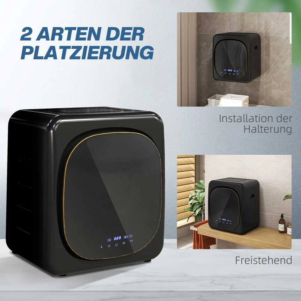 HOMCOM mini drabužių džiovyklė su 6 programomis, LED jutikliniu ekranu, 4kg talpa, iki 60 ℃, 800 W, laisvai pastatoma, montuojama ant sienos, ištraukiamoji džiovyklė su apsauga nuo perkaitimo, drabužių džiovyklė, juoda