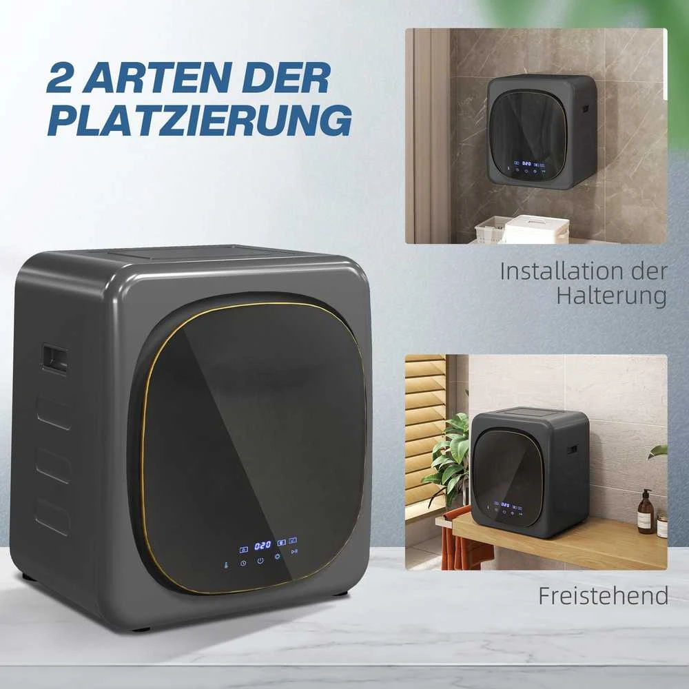 HOMCOM mini drabužių džiovyklė su 6 programomis, LED jutikliniu ekranu, 4kg talpa, iki 60℃, 800 W, pastatoma arba montuojama ant sienos, ventiliuojama, su apsauga nuo perkaitimo, pilka