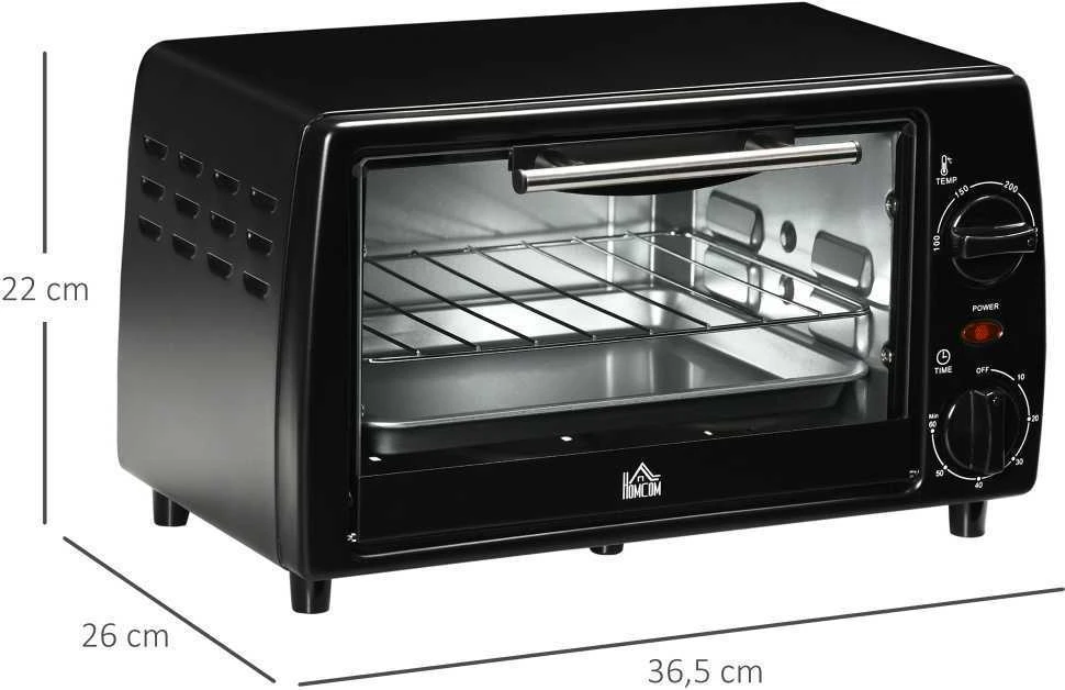 Elektrinė krosnelė HOMCOM mini orkaitė 10 litrų 750W maža elektrinė orkaitė su temperatūra iki 230 ℃, 60 minučių laikmatis, kepimo skarda ir grotelės 36,5x26x22 cm juoda