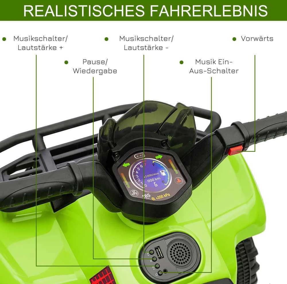 HOMCOM mini elektrinis keturratis vaikams, ATV vaikiškas automobilis su priekiniu žibintu, vaikiškas motociklas 18-36 mėnesių vaikams, žalias