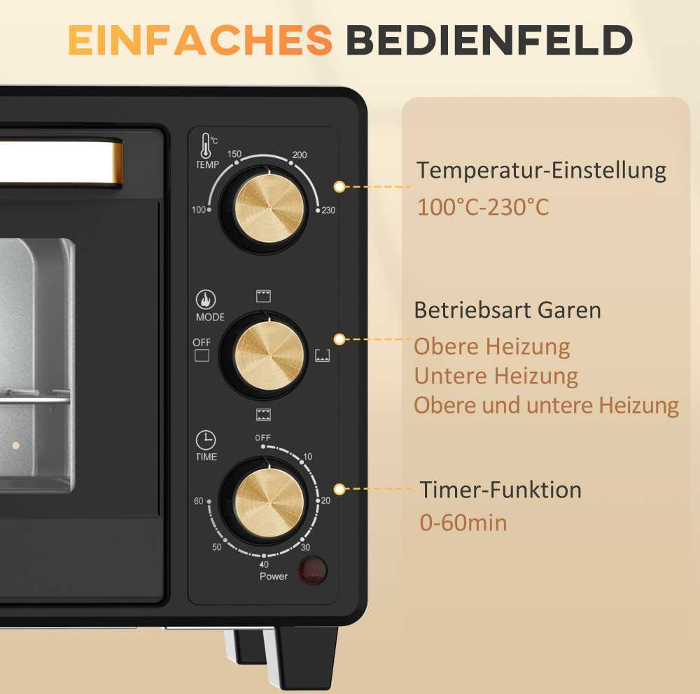 Kaitlentė "HOMCOM" mini orkaitė 16 L 1400 W Mini orkaitė 100-230 ℃ 60 min. laikmatis, su grilio grotelėmis ir kepimo skardomis, picų kepimo krosnelė su dėklo rankena, trupinių padėklas juodas