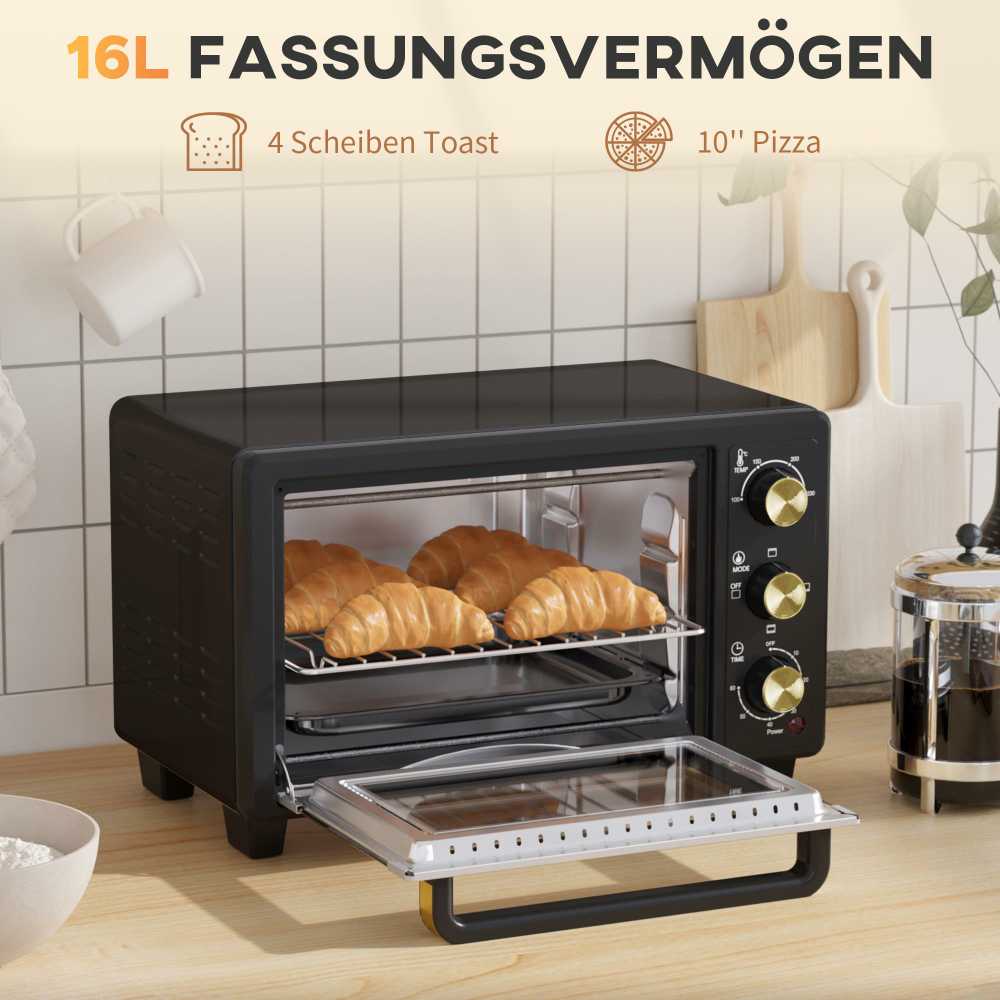 Kaitlentė "HOMCOM" mini orkaitė 16 L 1400 W Mini orkaitė 100-230 ℃ 60 min. laikmatis, su grilio grotelėmis ir kepimo skardomis, picų kepimo krosnelė su dėklo rankena, trupinių padėklas juodas