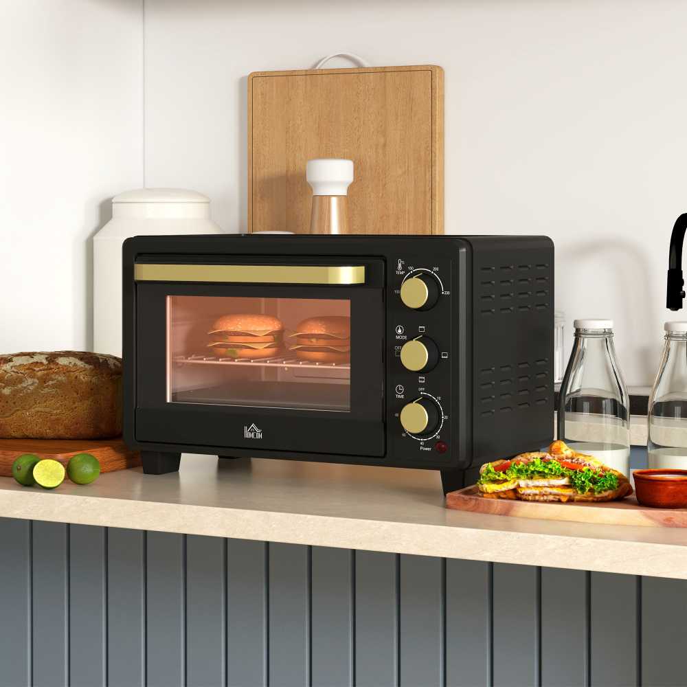 Kaitlentė "HOMCOM" mini orkaitė 16 L 1400 W Mini orkaitė 100-230 ℃ 60 min. laikmatis, su grilio grotelėmis ir kepimo skardomis, picų kepimo krosnelė su dėklo rankena, trupinių padėklas juodas