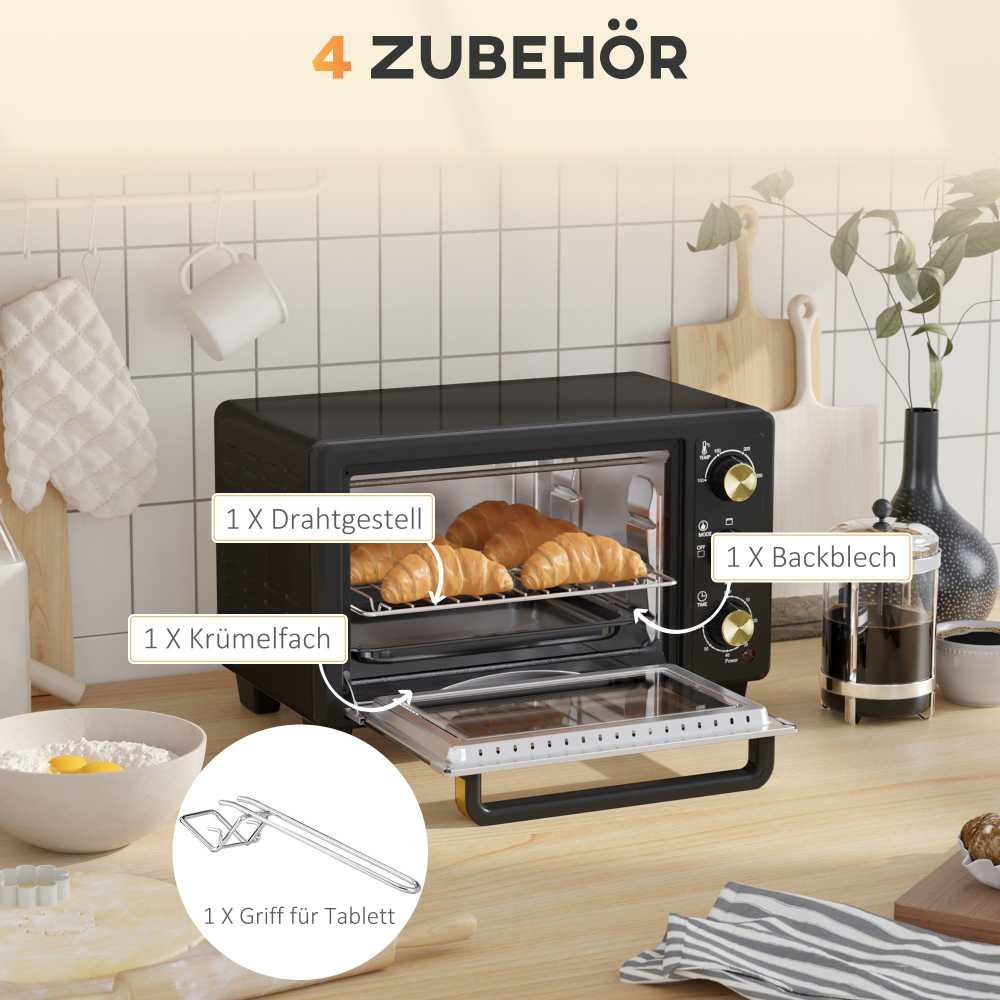 Kaitlentė "HOMCOM" mini orkaitė 16 L 1400 W Mini orkaitė 100-230 ℃ 60 min. laikmatis, su grilio grotelėmis ir kepimo skardomis, picų kepimo krosnelė su dėklo rankena, trupinių padėklas juodas