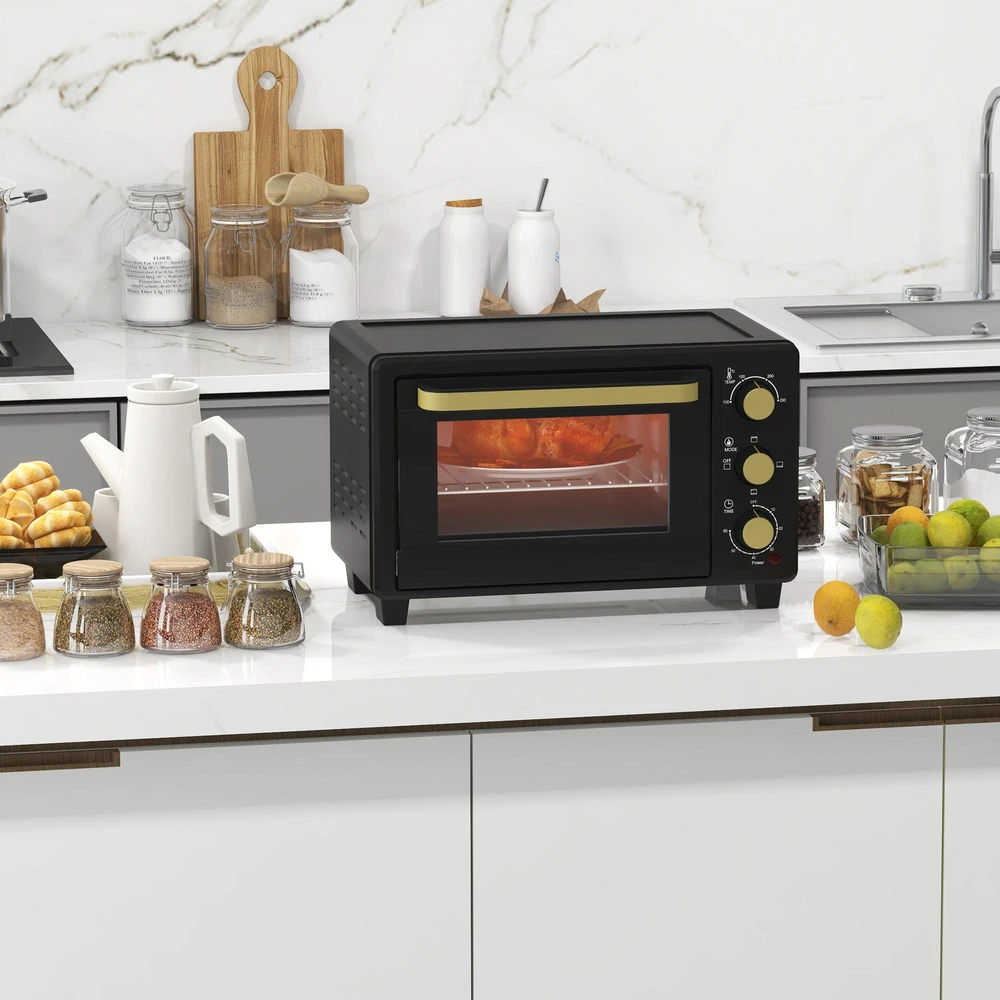 Kaitlentė "HOMCOM" mini orkaitė 16 L 1400 W Mini orkaitė 100-230 ℃ 60 min. laikmatis, su grilio grotelėmis ir kepimo skardomis, picų kepimo krosnelė su dėklo rankena, trupinių padėklas juodas