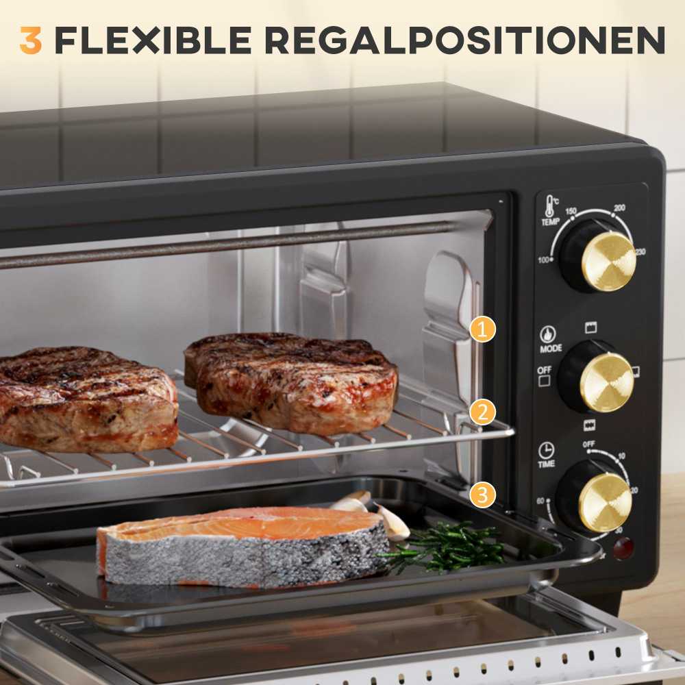 Kaitlentė "HOMCOM" mini orkaitė 16 L 1400 W Mini orkaitė 100-230 ℃ 60 min. laikmatis, su grilio grotelėmis ir kepimo skardomis, picų kepimo krosnelė su dėklo rankena, trupinių padėklas juodas