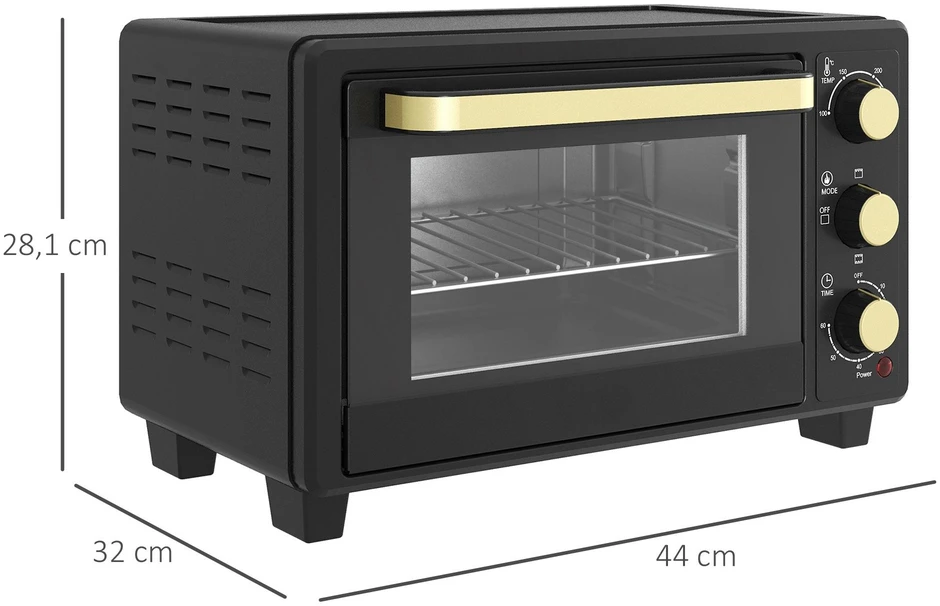 Kaitlentė "HOMCOM" mini orkaitė 16 L 1400 W Mini orkaitė 100-230 ℃ 60 min. laikmatis, su grilio grotelėmis ir kepimo skardomis, picų kepimo krosnelė su dėklo rankena, trupinių padėklas juodas