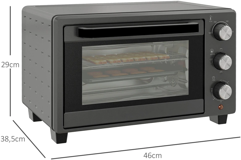 Elektrinė krosnelė HOMCOM mini orkaitė 21L 1400W 60 min. laikmatis, maža orkaitė su 100 °C–230 °C reguliuojama temperatūra ir kepimo laiku, mini orkaitė su kepimo skarda, grotelėmis, stalinis orkaitės modelis iš nerūdijančio plieno, pilka