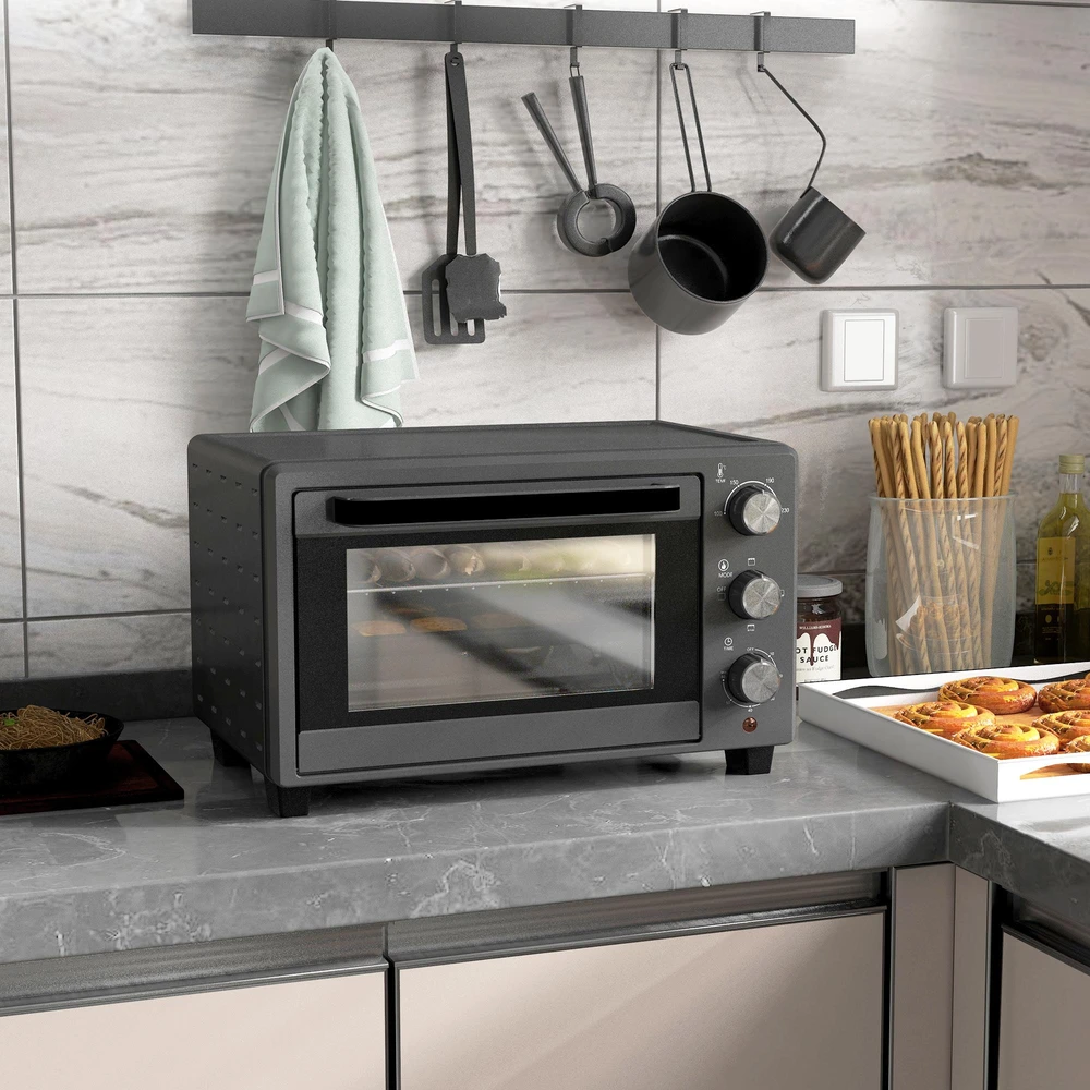 Elektrinė krosnelė HOMCOM mini orkaitė 21L 1400W 60 min. laikmatis, maža orkaitė su 100 °C–230 °C reguliuojama temperatūra ir kepimo laiku, mini orkaitė su kepimo skarda, grotelėmis, stalinis orkaitės modelis iš nerūdijančio plieno, pilka