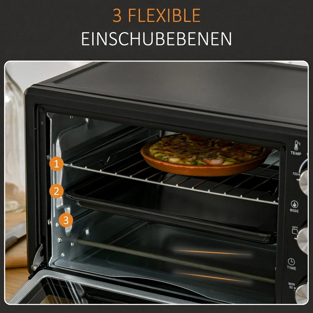 Elektrinė krosnelė HOMCOM mini orkaitė 21L, 3 gaminimo režimai, 100°C-230°C, 1400W, nerūdijantis plienas ir stiklas, juoda+sidabrinė, 46,4x38x28,5cm