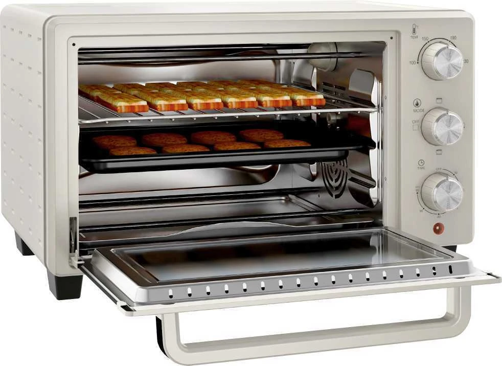 Elektrinė krosnelė HOMCOM mini orkaitė 21 l, picos orkaitė, mini orkaitė su kepimo skarda, grotelėmis ir trupinių padėklu, 1400 W, stalinė orkaitė, 1 val. laikmatis, 100–230 °C, metalinė, kreminės spalvos