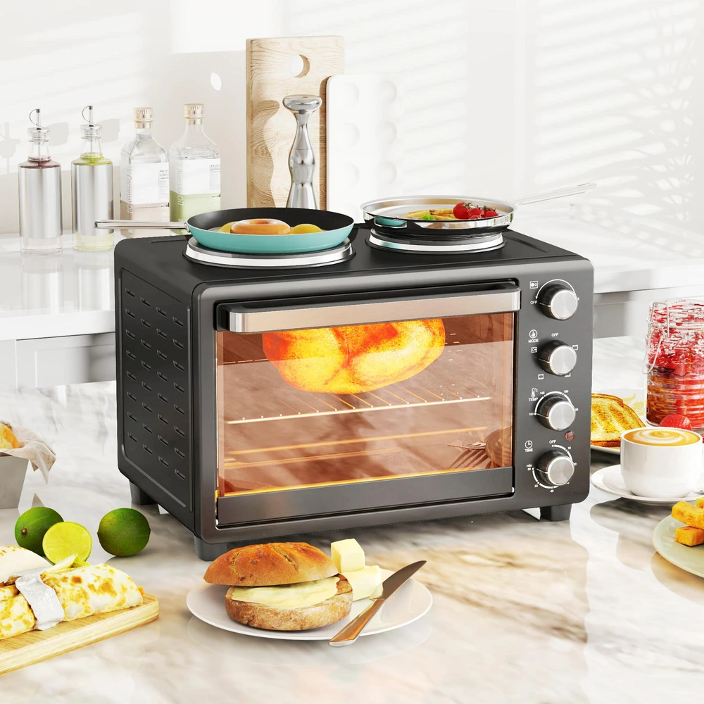 Elektrinė krosnelė HOMCOM mini orkaitė, 28 l, 2600 W, 100–230 °C, 60 min. laikmatis, su 2 kaitlentėmis, kepimo skarda ir grotelėmis, picų orkaitė su padėklu trupiniams ir skardos rankenėle, juoda