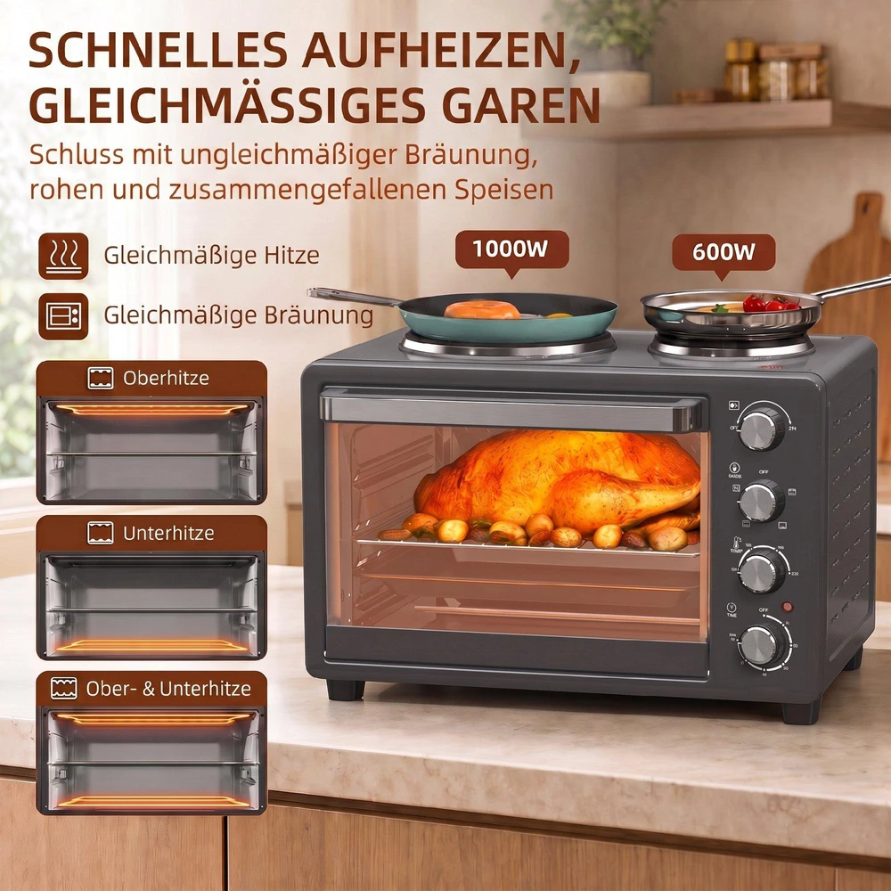 Elektrinė krosnelė HOMCOM mini orkaitė, 28 l, 2600 W, 100–230 °C, 60 min. laikmatis, su 2 kaitlentėmis, kepimo skarda ir grotelėmis, picų orkaitė su padėklu trupiniams ir skardos rankenėle, juoda