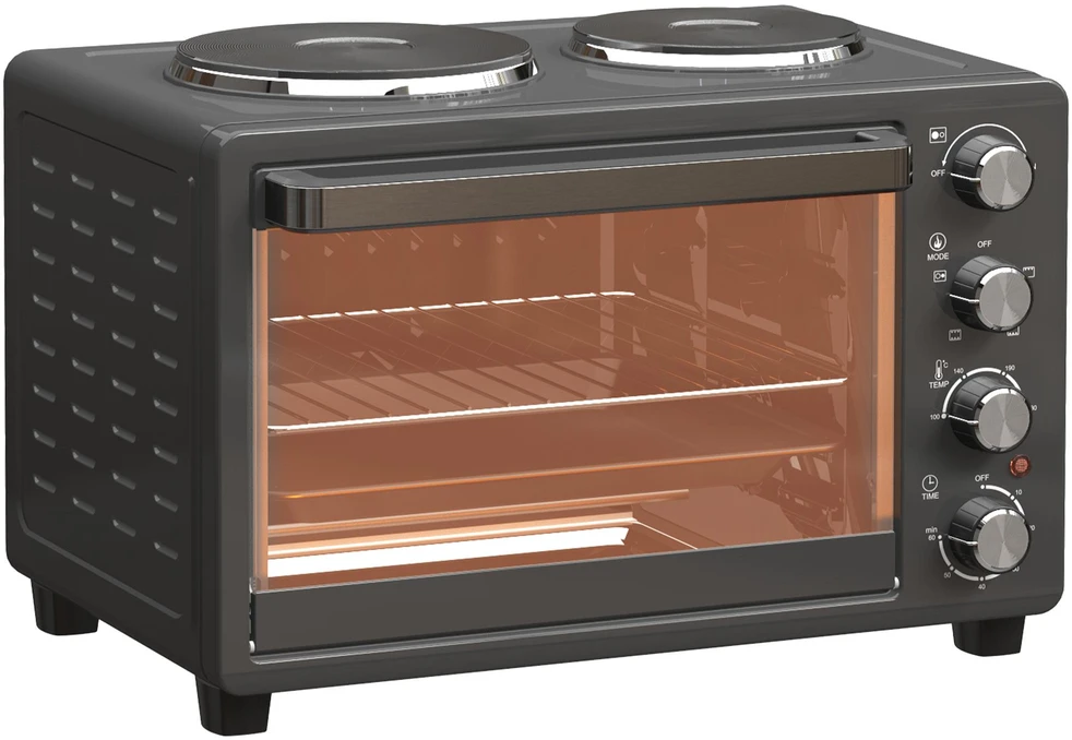 Elektrinė krosnelė HOMCOM mini orkaitė, 28 l, 2600 W, 100–230 °C, 60 min. laikmatis, su 2 kaitlentėmis, kepimo skarda ir grotelėmis, picų orkaitė su padėklu trupiniams ir skardos rankenėle, juoda