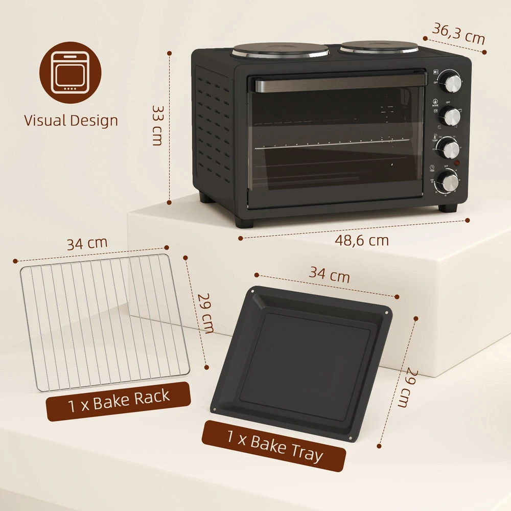 Elektrinė krosnelė HOMCOM mini orkaitė, 28 l, 2600 W, 100–230 °C, 60 min. laikmatis, su 2 kaitlentėmis, kepimo skarda ir grotelėmis, picų orkaitė su padėklu trupiniams ir skardos rankenėle, juoda