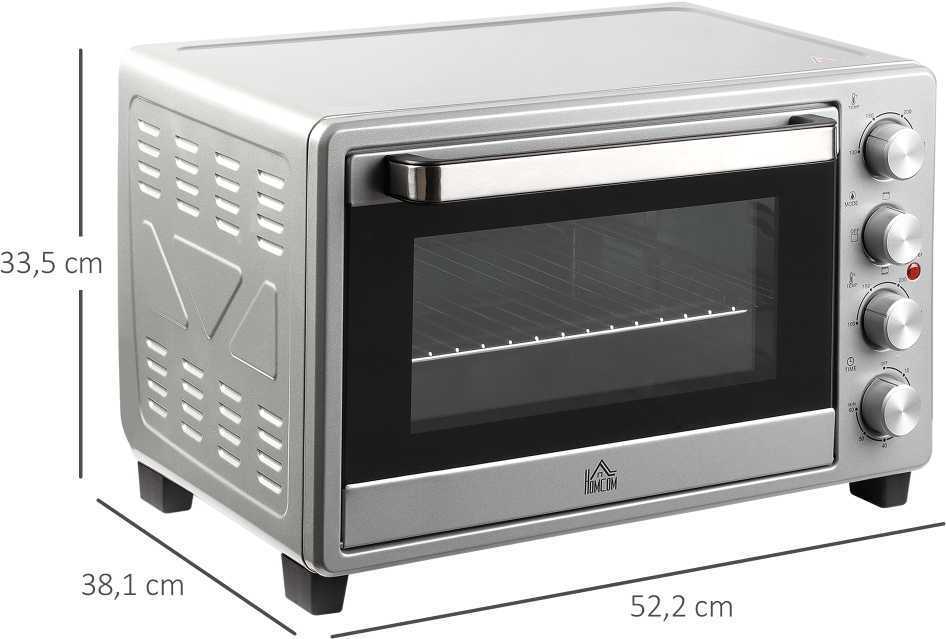 Gruzdintuvė HOMCOM mini orkaitė 32L, 1600W, elektrinė orkaitė su trupinių padėklu, nerūdijantis plienas ir stiklas, sidabrinė, 52,2x38,1x33,5cm