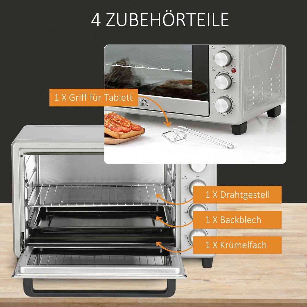 Gruzdintuvė HOMCOM mini orkaitė 32L, 1600W, elektrinė orkaitė su trupinių padėklu, nerūdijantis plienas ir stiklas, sidabrinė, 52,2x38,1x33,5cm