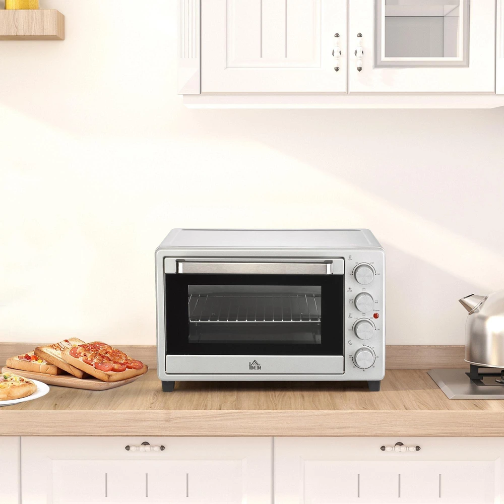 Gruzdintuvė HOMCOM mini orkaitė 32L, 1600W, elektrinė orkaitė su trupinių padėklu, nerūdijantis plienas ir stiklas, sidabrinė, 52,2x38,1x33,5cm