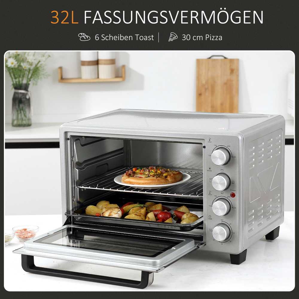 Gruzdintuvė HOMCOM mini orkaitė 32L, 1600W, elektrinė orkaitė su trupinių padėklu, nerūdijantis plienas ir stiklas, sidabrinė, 52,2x38,1x33,5cm