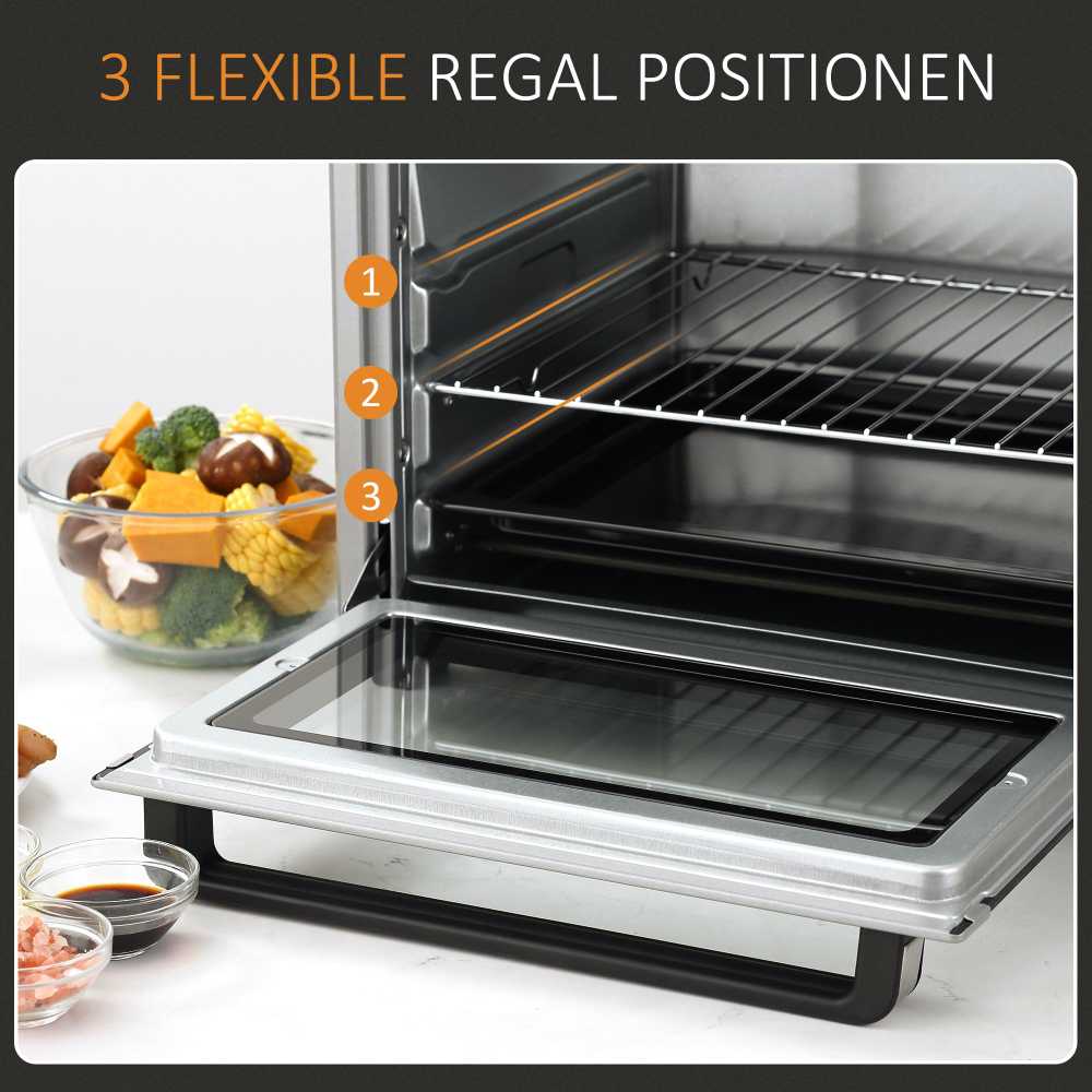 Gruzdintuvė HOMCOM mini orkaitė 32L, 1600W, elektrinė orkaitė su trupinių padėklu, nerūdijantis plienas ir stiklas, sidabrinė, 52,2x38,1x33,5cm