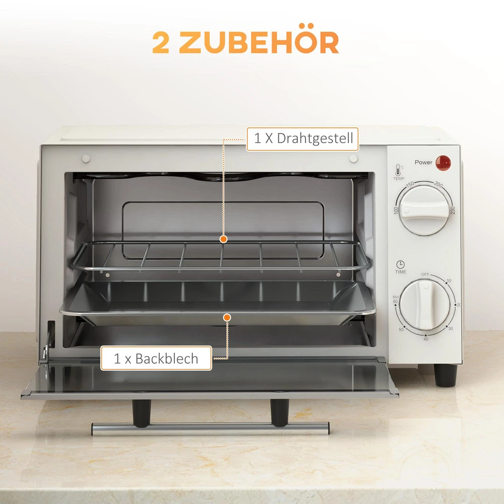 Elektrinė krosnelė HOMCOM mini orkaitė 9L, su kepimo skarda, grotelėmis, 100 °C-230 °C, reguliuojama temperatūra ir gaminimo laikas, 60 min. laikmatis, 750W, nerūdijantis plienas, kreminė balta