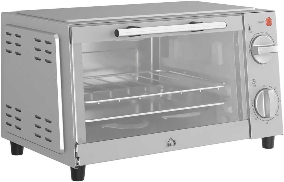 Elektrinė krosnelė HOMCOM 9L mini orkaitė su kepimo skarda, grotelėmis, 100 °C–230 °C, su reguliuojama temperatūra ir kepimo laiku, 60 min. laikmačiu, 750 W, nerūdijantis plienas, sidabrinė
