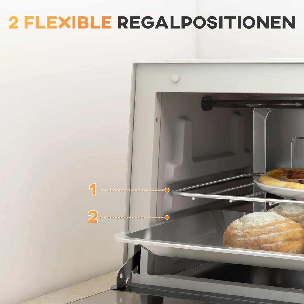 Elektrinė krosnelė HOMCOM mini orkaitė 9L, su kepimo skarda, grotelėmis, 100 °C-230 °C, reguliuojama temperatūra ir gaminimo laikas, 60 min. laikmatis, 750W, nerūdijantis plienas, kreminė balta