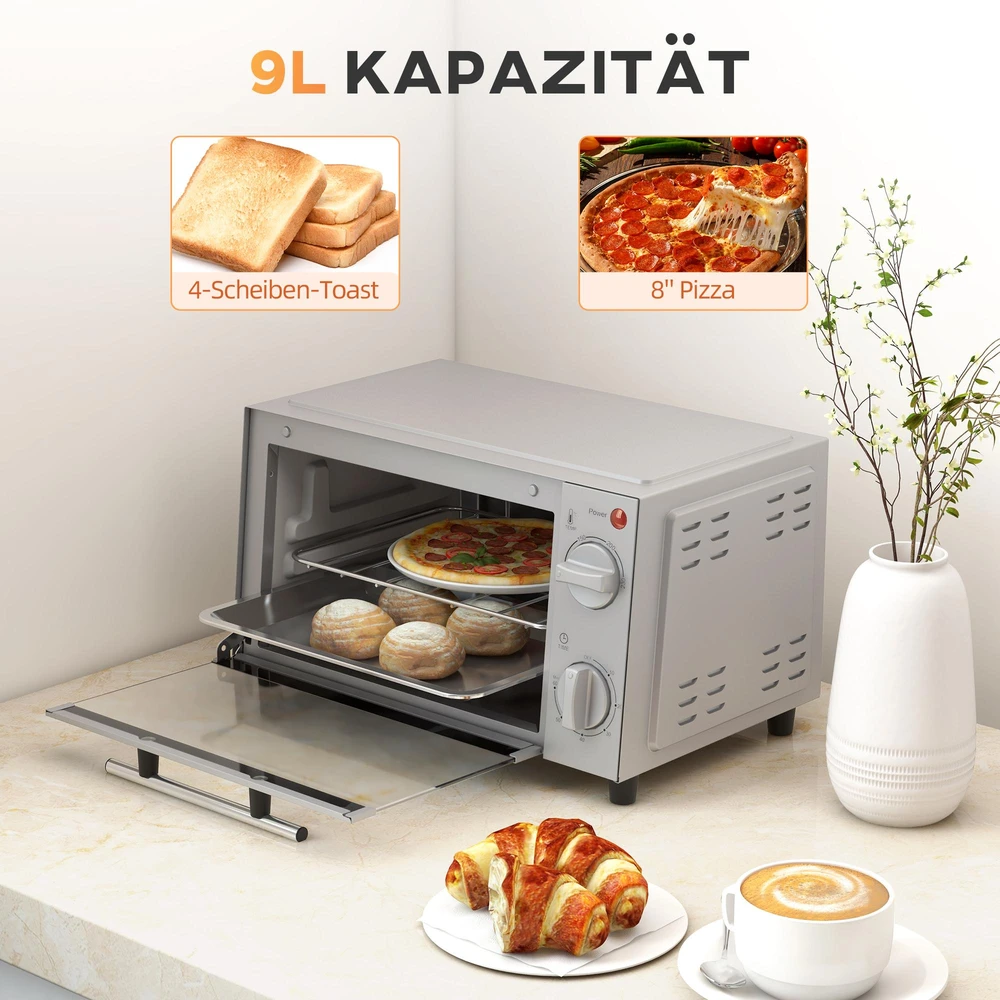 Elektrinė krosnelė HOMCOM 9L mini orkaitė su kepimo skarda, grotelėmis, 100 °C–230 °C, su reguliuojama temperatūra ir kepimo laiku, 60 min. laikmačiu, 750 W, nerūdijantis plienas, sidabrinė