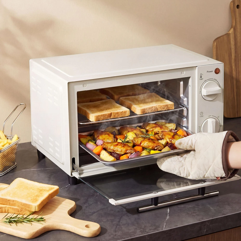 Elektrinė krosnelė HOMCOM mini orkaitė 9L, su kepimo skarda, grotelėmis, 100 °C-230 °C, reguliuojama temperatūra ir gaminimo laikas, 60 min. laikmatis, 750W, nerūdijantis plienas, kreminė balta