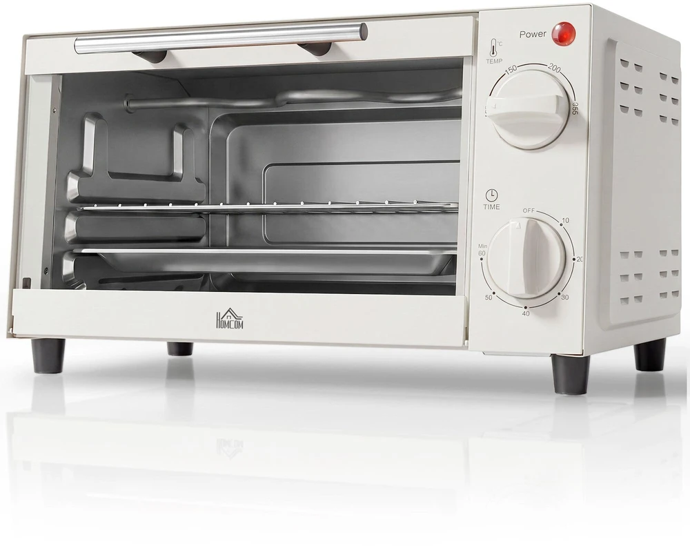Elektrinė krosnelė HOMCOM mini orkaitė 9L, su kepimo skarda, grotelėmis, 100 °C-230 °C, reguliuojama temperatūra ir gaminimo laikas, 60 min. laikmatis, 750W, nerūdijantis plienas, kreminė balta