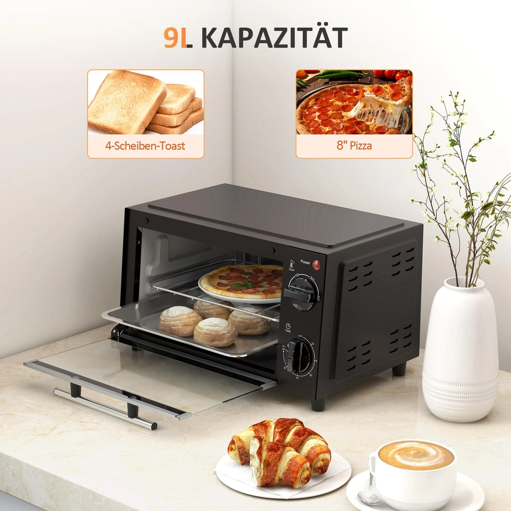 Elektrinė krosnelė HOMCOM mini orkaitė 9L, su kepimo skarda, grotelėmis, 100 °C-230 °C, reguliuojama temperatūra ir kepimo laikas, 60 min. laikmatis, 750 W, nerūdijantis plienas, juoda