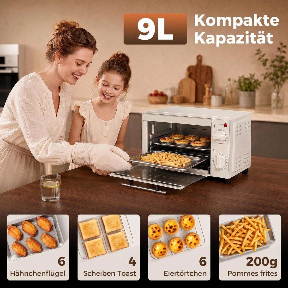 Elektrinė krosnelė HOMCOM mini orkaitė 9L, su kepimo skarda, grotelėmis, 100 °C-230 °C, reguliuojama temperatūra ir gaminimo laikas, 60 min. laikmatis, 750W, nerūdijantis plienas, kreminė balta