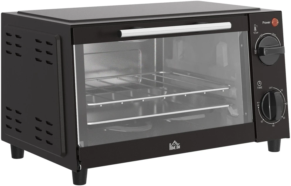 Elektrinė krosnelė HOMCOM mini orkaitė 9L, su kepimo skarda, grotelėmis, 100 °C-230 °C, reguliuojama temperatūra ir kepimo laikas, 60 min. laikmatis, 750 W, nerūdijantis plienas, juoda