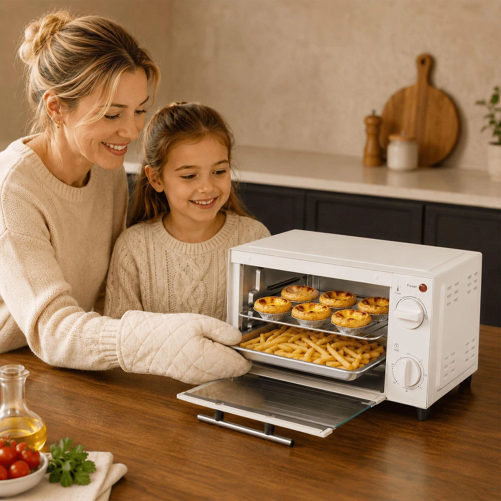 Elektrinė krosnelė HOMCOM mini orkaitė 9L, su kepimo skarda, grotelėmis, 100 °C-230 °C, reguliuojama temperatūra ir gaminimo laikas, 60 min. laikmatis, 750W, nerūdijantis plienas, kreminė balta