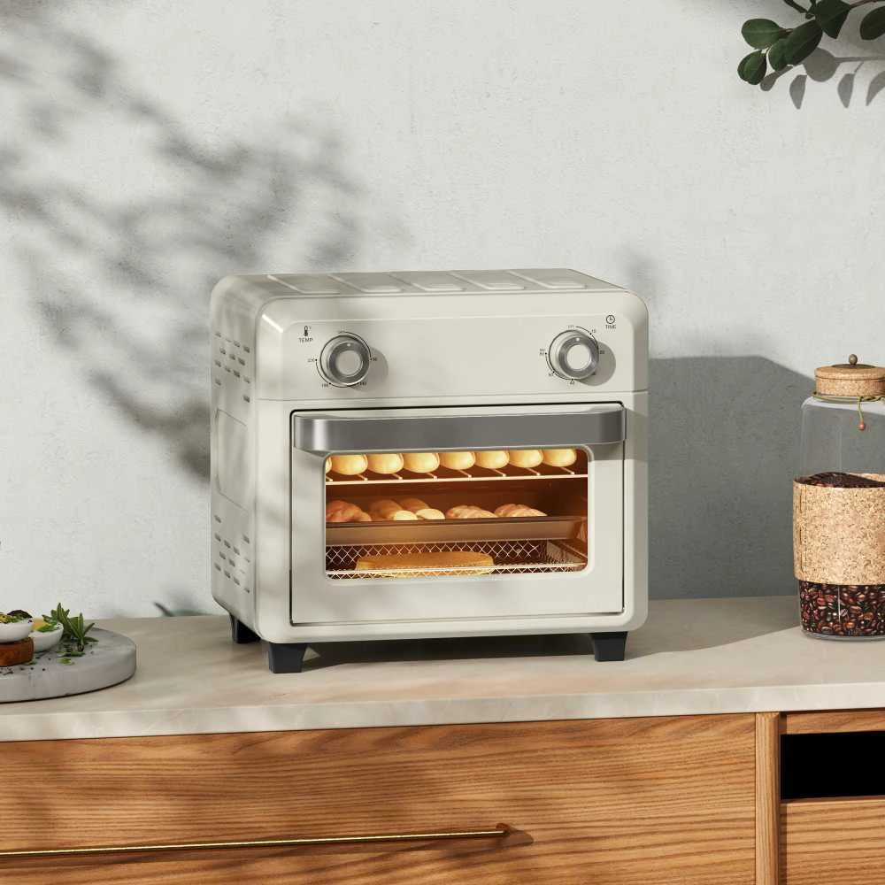 HOMCOM mini orkaitė su konvekcija 10 l, 2 viename mini orkaitė su grotelėmis, kepimo skarda ir padėklu trupiniams, 80–230 °C karšto oro gruzdintuvė su jutikliniu ekranu, laikmačiu, vidaus apšvietimu, 1000 W, nerūdijantis plienas
