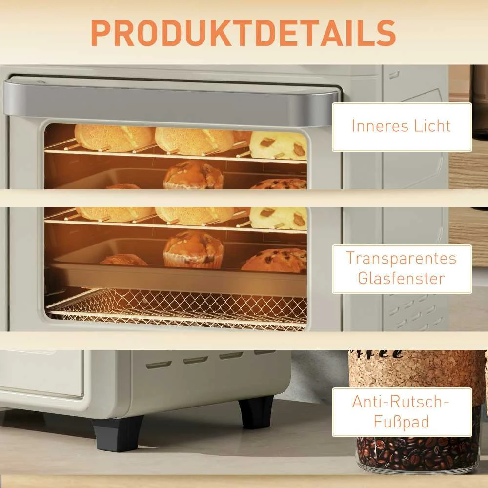 HOMCOM mini orkaitė su konvekcija 10 l, 2 viename mini orkaitė su grotelėmis, kepimo skarda ir padėklu trupiniams, 80–230 °C karšto oro gruzdintuvė su jutikliniu ekranu, laikmačiu, vidaus apšvietimu, 1000 W, nerūdijantis plienas