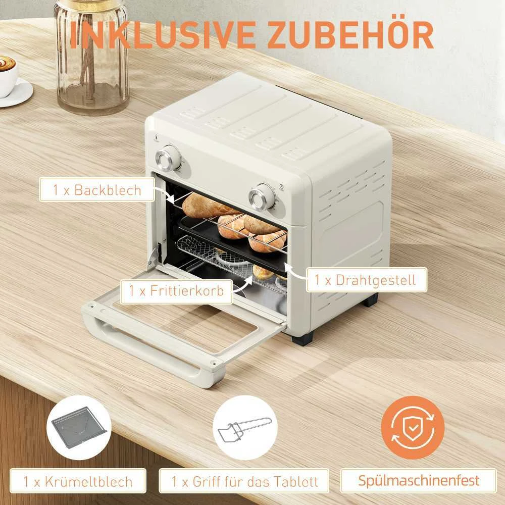 HOMCOM mini orkaitė su konvekcija 10 l, 2 viename mini orkaitė su grotelėmis, kepimo skarda ir padėklu trupiniams, 80–230 °C karšto oro gruzdintuvė su jutikliniu ekranu, laikmačiu, vidaus apšvietimu, 1000 W, nerūdijantis plienas