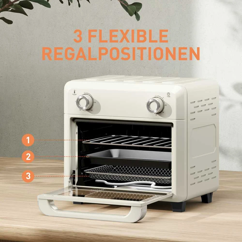 HOMCOM mini orkaitė su konvekcija 10 l, 2 viename mini orkaitė su grotelėmis, kepimo skarda ir padėklu trupiniams, 80–230 °C karšto oro gruzdintuvė su jutikliniu ekranu, laikmačiu, vidaus apšvietimu, 1000 W, nerūdijantis plienas