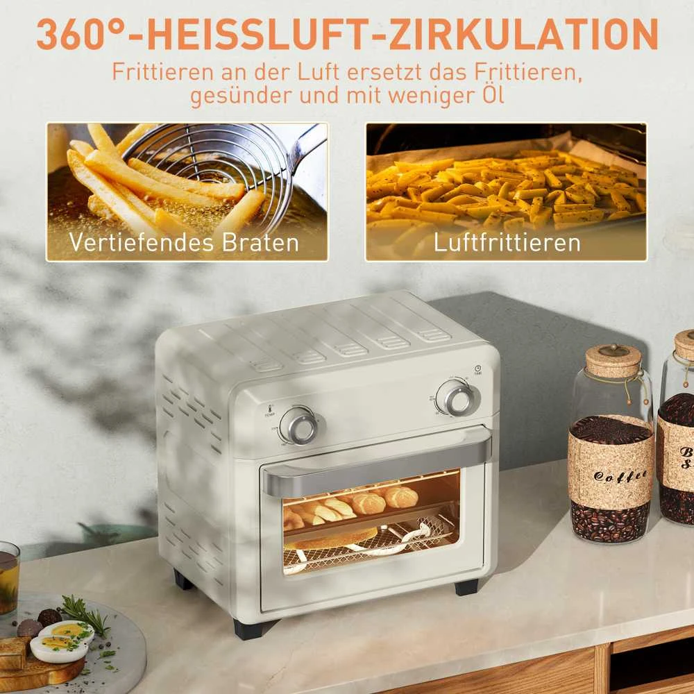 HOMCOM mini orkaitė su konvekcija 10 l, 2 viename mini orkaitė su grotelėmis, kepimo skarda ir padėklu trupiniams, 80–230 °C karšto oro gruzdintuvė su jutikliniu ekranu, laikmačiu, vidaus apšvietimu, 1000 W, nerūdijantis plienas