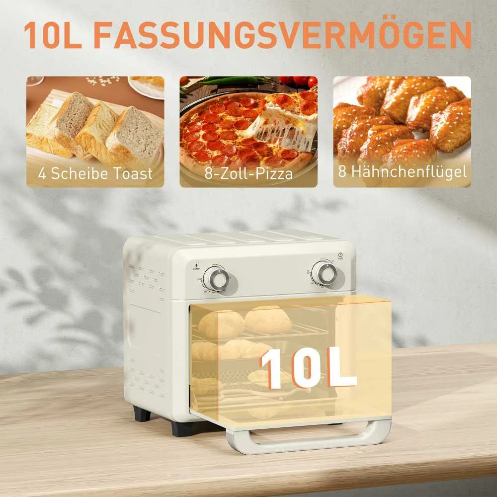 HOMCOM mini orkaitė su konvekcija 10 l, 2 viename mini orkaitė su grotelėmis, kepimo skarda ir padėklu trupiniams, 80–230 °C karšto oro gruzdintuvė su jutikliniu ekranu, laikmačiu, vidaus apšvietimu, 1000 W, nerūdijantis plienas